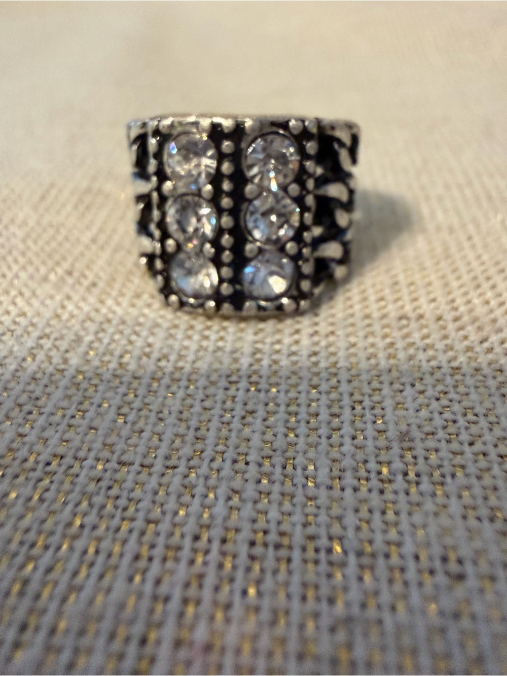 Wide Silver-Tone Ring with Clear Crystal Accents